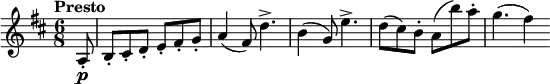 \version "2.18.2"
\relative c'' {
\key d \major
\time 6/8
\tempo "Presto "
\tempo 4 = 160
\partial 8 a,8-. \p
b-. cis-. d-. e-. fis-. g-.
a4 (fis8) d'4.->
b4 (g8) e'4.->
d8 (cis) b-. a (b') a-.
g4. (fis4)
}