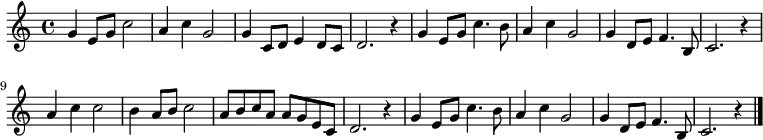 \relative c' { \set Score.tempoHideNote = ##t \key c \major \time 4/4 \tempo 4 = 96 g'4 e8 g8 c2 | a4 c4 g2 | g4 c,8 d8 e4 d8 c8 | d2. r4 | g4 e8 g8 c4. b8 | a4 c4 g2 | g4 d8 e8 f4. b,8 | c2. r4 | a'4 c4 c2 | b4 a8 b8 c2 | a8 b8 c8 a8 a8 g8 e8 c8 | d2. r4 | g4 e8 g8 c4. b8 | a4 c4 g2 | g4 d8 e8 f4. b,8 | c2. r4 \bar "|." }