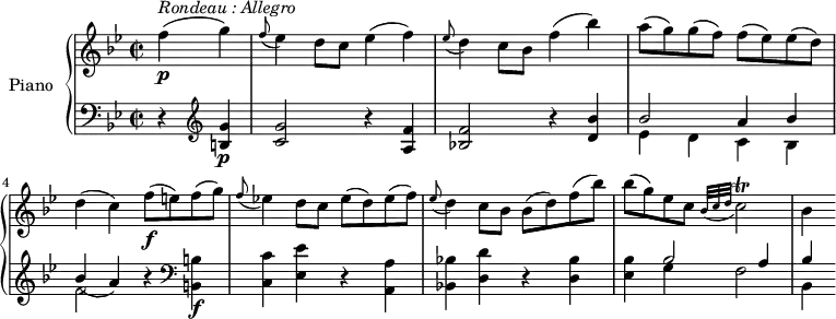 \version "2.18.2"
\header {
  tagline = ##f
}
  
  
  
upper = \relative c' {
  \clef treble 
  \key bes \major
  \time 2/2
  \tempo "Allegro" 4 = 140
   \partial 2 f'4 \p ^\markup{ \italic {Rondeau : Allegro} } (g)
   \grace f8 (ees4) d8 c ees4 (f)
   \grace ees8 (d4) c8 bes f'4 (bes)
   a8 (g) g (f) f (ees) ees (d)
   d4 (c) f8\f (e) f (g)
   \grace f8 (ees!4) d8 c ees (d) ees (f)
   \grace ees8 (d4) c8 bes bes (d) f (bes)
   bes (g) ees c)  \grace {bes32 (c d} c2)  \trill
   bes4
}
lower = \relative c {
  \clef bass
  \key bes \major
  \time 2/2
    \partial 2  r4  \clef treble <b' g'>4 \p
    <c g'>2 r4 <a f'>4
    <bes! f'>2 r4 <d bes'>4
    <<{\stemDown ees4 d c bes f'2 } \\ {  \stemUp bes2 a4 bes bes (a))}>> r4  \clef bass
    <b,, b'>4  \f <c c'> <ees ees'>  r <a, a'>
    <bes! bes'!> <d d'> r <d bes'>
    <ees bes'> <<{\stemDown g4 f2 bes,4 } \\ {  \stemUp bes'2 a4 bes}>>
} 
\score {
  \new PianoStaff <<
    \set PianoStaff.instrumentName = #"Piano"
    \new Staff = "upper" \upper
    \new Staff = "lower" \lower
  >>
  \layout {
    \context {
      \Score
      \remove "Metronome_mark_engraver"
    }
  }
  \midi { }
}