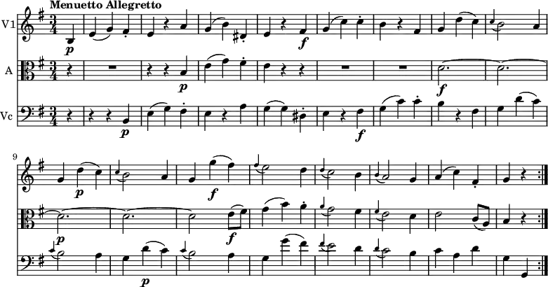 << \new Staff \with { instrumentName = #"V1"}
\relative c'' {
\version "2.18.2"
\key g \major
\tempo "Menuetto Allegretto"
\time 3/4
\tempo 4 = 160
\partial4 b,4\p
e (g) fis-.
e r a
g (b) dis,-.
e r fis\f
g (c) c-.
b r fis
g d'(c)
\grace c4 (b2) a4
g d'\p (c)
\grace c4 (b2) a4
g g'\f (fis)
\grace fis4 (e2) d4
\grace d4 (c2) b4
\grace b4 (a2) g4
a (c) fis,-.
g r \bar ":|."
}
\new Staff \with { instrumentName = #"A "} \relative c' {
\key g \major
\clef "alto"
\partial4 r4 R1*3/4
r4 r b \p
e (g) fis-.
e r r
R1*3/4 R1*3/4
d2.\f ~ d ~ d \p ~ d ~ d2 e8\f (fis)
g4 (b) a-.
\grace a4 (g2) fis4
\grace fis4 (e2) d4
e2 c8 (a)
b4 r \bar ":|."
}
\new Staff \with { instrumentName = #"Vc "} \relative c' {
\key g \major
\clef "bass"
\partial4 r4 r r b, \p
e (g) fis-.
e r a
g (g) dis-.
e r fis\f
g (c) c-.
b r fis
g d' (c)
\grace c4 (b2) a4
g d'\p (c)
\grace c4 (b2) a4
g g' (fis)
\grace fis4 (e2) d4
\grace d4 (c2) b4
c a d
g, g, \bar ":|."
}
>>