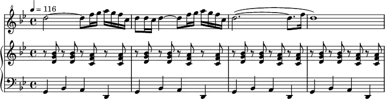 \new Score {
<<
  \new Staff {
    \relative c''' {
      \clef "treble^8"
      \key g \minor
      \time 4/4
      \tempo 4=116
      \set Staff.midiInstrument = #"piccolo"
      d2~ d8 f16 g16 a16 g16 f16 c16 d8 d16 c16 d4~ d8 f16 g16 a16 g16 f16 c16 d2.(~ d8. f16 d1)
    }
  }
  \new PianoStaff <<
    \new Staff { \clef violin \key g \minor \time 4/4
      r8 <d' g' bes'>8 r8 <d' g' bes'>8 r8 <c' f' a'>8 r8 <c' f' a'>8 r8 <d' g' bes'>8 r8 <d' g' bes'>8 r8 <c' f' a'>8 r8 <c' f' a'>8r8 <d' g' bes'>8 r8 <d' g' bes'>8 r8 <c' f' a'>8 r8 <c' f' a'>8 r8 <d' g' bes'>8 r8 <d' g' bes'>8       r8 <c' f' a'>8 r8 <c' f' a'>8}
    \new Staff { \clef bass   \key g \minor \time 4/4
      g,4 bes,4 a,4 d,4 g,4 bes,4 a,4 d,4 g,4 bes,4 a,4 d,4 g,4 bes,4 a,4 d,4 }
  >>
>>
}