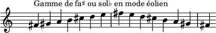 \relative c' {
\clef treble \time 7/4 \hide Staff.TimeSignature fis4^\markup { Gamme de fa♯ ou sol♭ en mode éolien } gis a b cis d e fis e d cis b a gis fis
}