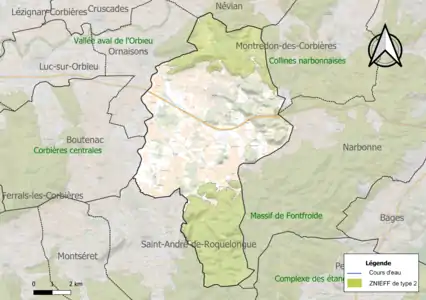 Carte des ZNIEFF de type 2 sur la commune.