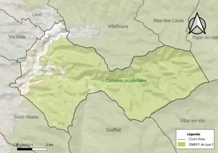 Carte de la ZNIEFF de type 2 sur la commune.