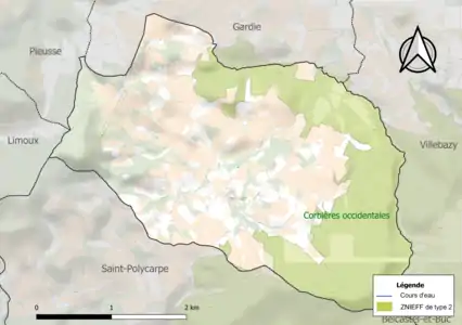 Carte de la ZNIEFF de type 2 sur la commune.