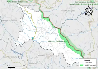 Carte de la ZNIEFF de type 1 de la commune.