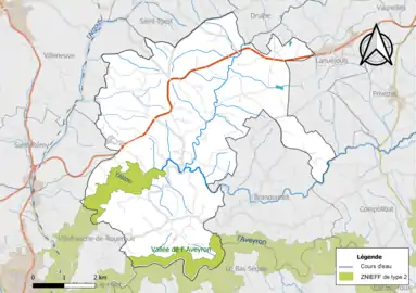 Carte de la ZNIEFF de type 2 de la commune.