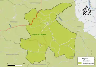 Carte de la ZNIEFF de type 2 de la commune.