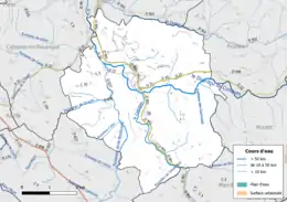 Carte en couleur présentant le réseau hydrographique de la commune