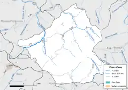 Carte en couleur présentant le réseau hydrographique de la commune