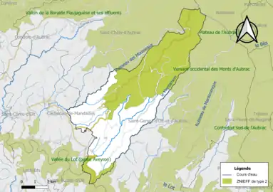 Carte des ZNIEFF de type 2 de la commune.