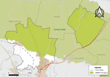Carte de la ZNIEFF de type 2 de la commune.