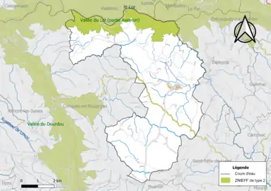 Carte de la ZNIEFF de type 2 de la commune.