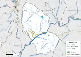 Carte en couleur présentant le réseau hydrographique de la commune