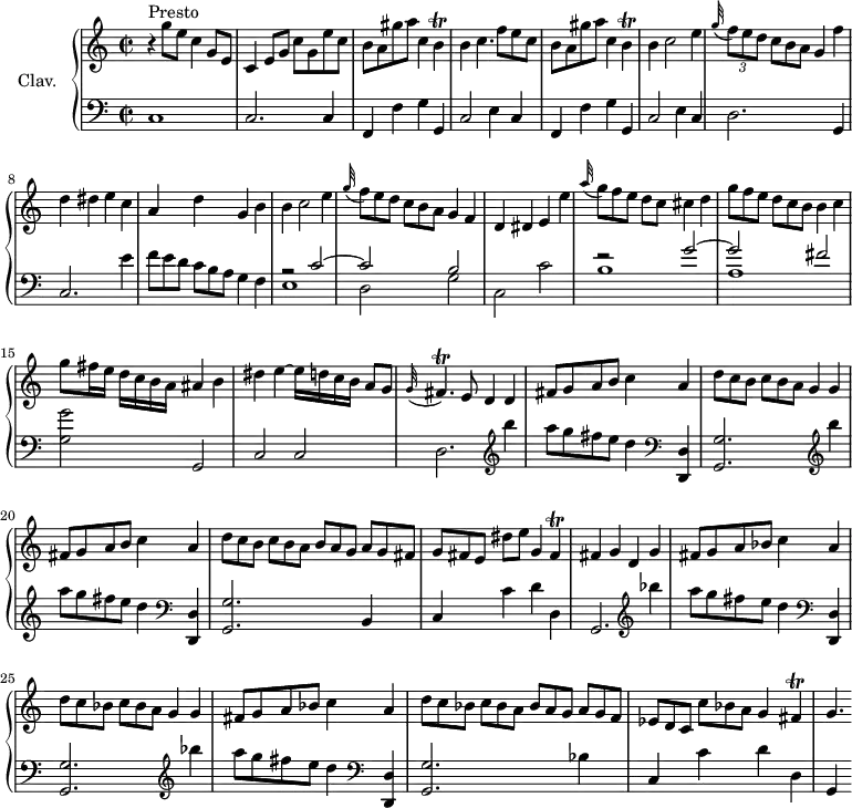 
\version "2.18.2"
\header {
  tagline = ##f
  % composer = "Domenico Scarlatti"
  % opus = "K. 49"
  % meter = "Presto"
}

%% les petites notes
trillB         = { \tag #'print { b4\trill } \tag #'midi { c32 b c b~ b8 } }
trillFispq     = { \tag #'print { \appoggiatura g32 fis4.\trill } \tag #'midi { g32 fis g fis~ fis4 } }
trillFis       = { \tag #'print { fis4\trill } \tag #'midi { g32 fis g fis~ fis8 } }

upper = \relative c'' {
  \clef treble 
  \key c \major
  \time 2/2
  \tempo 2 = 94
  \set Staff.midiInstrument = #"harpsichord"
  \override TupletBracket.bracket-visibility = ##f

      s8*0^\markup{Presto}
      r4 g'8 e c4 g8 e | c4 e8 g c g e' c | b a gis' a  c,4 \trillB | b4 c4. f8 e c |
      % ms. 5
      b8 a gis' a c,4 \trillB | b4 c2 e4 | \appoggiatura g32 \times 2/3 { f8 e d } \omit TupletNumber \times 2/3 { c8[ b a] } g4 f' | d dis e c | a d g, b |
      % ms. 10
      b4 c2 e4 | \appoggiatura g32 \times 2/3 { f8 e d }  \times 2/3 { c8[ b a] } g4 f | d dis e e' | \appoggiatura a32 \times 2/3 { g8 f e } d8[ c] cis4 d | \times 2/3 { g8 f e }  \times 2/3 { d8[ c b] } b4 c |
      % ms. 15
      g'8 fis16 e d[ c b a] ais4 b | dis e4~ e16 d c b a8[ g] | \trillFispq e8 d4 d4 | fis8 g a b c4 a |
      % ms. 19
      \times 2/3 { d8 c b }  \times 2/3 { c8[ b a] } g4 g | fis8 g a b c4 a | \times 2/3 { d8 c b }  \times 2/3 { c8[ b a] } \times 2/3 { b8 a g } \times 2/3 { a8[ g fis] } | \times 2/3 { g8[ fis e] } dis'8 e g,4 \trillFis |
      % ms. 23
      fis4 g d g | fis8 g a bes c4 a | \times 2/3 { d8 c bes }  \times 2/3 { c8[ bes a] } g4 g | fis8 g a bes c4 a | \times 2/3 { d8 c bes }  \times 2/3 { c8[ bes a] } \times 2/3 { bes8 a g }  \times 2/3 { a8[ g f] }
      % ms. 28
      \times 2/3 { ees8 d c }  \times 2/3 { c'8[ bes a] } g4 \trillFis | g4.*1/2 s16
      % ms. 32
      

}

lower = \relative c' {
  \clef bass
  \key c \major
  \time 2/2
  \set Staff.midiInstrument = #"harpsichord"
  \override TupletBracket.bracket-visibility = ##f

    % ************************************** \appoggiatura a16  \repeat unfold 2 {  } \times 2/3 { }   \omit TupletNumber 
      c,1 | c2. c4 | \repeat unfold 2 { f, f' g g, | c2 e4 c } |
      % ms. 7
      d2. g,4 | c2. e'4 |  \omit TupletNumber \times 2/3 { f8 e d }  \times 2/3 { c8[ b a] } g4 f |
      % ms. 10
      << { r2 c'2~ | c b | s1 | r2 g'2~ | g fis } \\ { e,1 | d2 g | c, c' | b1 | a } >>
      % ms. 15
      < g g' >2 g, | c c | d2.  \repeat unfold 2 { \clef treble  b'''4 | a8 g fis e d4   \clef bass < d,,, d' >4 
      % ms. 19
      < g g' >2. } b4 | c c' d d, |
      % ms. 23
      g,2. \repeat unfold 2 { \clef treble  bes'''4 | a8 g fis e d4 | \clef bass < d,,, d' >4 |< g g' >2. } bes'4 |
      % ms. 28
      c,4 c' d d, | g,
      % ms. 32
      

}

thePianoStaff = \new PianoStaff <<
    \set PianoStaff.instrumentName = #"Clav."
    \new Staff = "upper" \upper
    \new Staff = "lower" \lower
  >>

\score {
  \keepWithTag #'print \thePianoStaff
  \layout {
      #(layout-set-staff-size 17)
    \context {
      \Score
     \override SpacingSpanner.common-shortest-duration = #(ly:make-moment 1/2)
      \remove "Metronome_mark_engraver"
    }
  }
}

\score {
  \keepWithTag #'midi \thePianoStaff
  \midi { }
}
