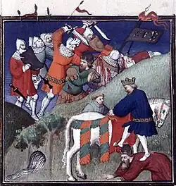 Miniature de la bataille de Manzikert, miniature issue du De casibus virorum illustrium. Bibliothèque nationale de France, Cote : Français 226, Fol. 265 #131