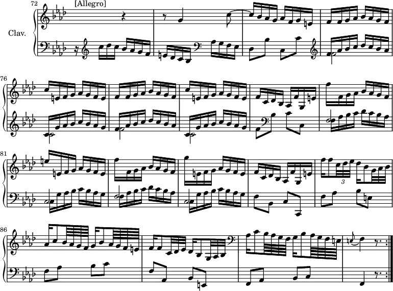 
\version "2.18.2"
\header {
  tagline = ##f
}

%% les petites notes
trillFp     = { \tag #'print { f4.-\parenthesize\prall } \tag #'midi { g32 f g f g f~ f16~ f8 } }
appoF       = { \tag #'print { \appoggiatura e8 f4 } \tag #'midi { e8 f8 } }


upper = \relative c'' {
  \clef treble 
  \key f \minor
  \time 2/4
  \tempo 4 = 60
  \set Staff.midiInstrument = #"harpsichord"
  \override TupletBracket.bracket-visibility = ##f
  \set Score.currentBarNumber = #72
  \omit Staff.TimeSignature
    \bar ""

      s8*0^\markup{[Allegro]}
      s4 r4 | r8 g4 c8~ | c16 bes aes g aes f g e | \repeat unfold 2 { f f g aes bes aes g f | c' e, f g aes g f e } |
      % ms. 79
      f16 c des bes aes  f' g, e' | f' f, g aes bes aes g f | e' e, f g aes g f e |
      % ms. 82
      f'16 f, g aes bes aes g f | g' e, f g aes g f e | f c des bes aes f' g, e' | f'16 f8 \times 2/3 { c32 des ees } des16 bes8  \omit TupletNumber \times 2/3 { g32 aes bes } | 
      % ms. 86
      aes16 c8 bes64 aes g f g16  bes8 aes64 g f e | f16 f8 \times 2/3 { c32 des ees } des16 bes8 \times 2/3 { g32 aes bes }   \clef bass aes16 c8 bes64 aes g f g16  bes8 aes64 g f e | \appoF r8.

}

lower = \relative c' {
  \clef bass
  \key f \minor
  \time 2/4
  \set Staff.midiInstrument = #"harpsichord"
  \omit Staff.TimeSignature

    % **************************************
     r16   \clef treble  c'16 des c bes aes g f | e des c bes    \clef bass aes g f ees | des8 bes' c, c' |
     % ms. 75
     \clef treble \repeat unfold 2 { << { f16 aes bes c des c bes aes | c,16 g' aes bes c bes aes g } \\ { f2 c } >> } |
     % ms. 79
     f8 \clef bass bes, c c, | \repeat unfold 2 {  << { f2 c } \\ { f16 aes bes c des c bes aes | c,16 g' aes bes c bes aes g } >> } |
     % ms. 84
     f8 bes, c c, | f' aes bes e, | f aes bes c | f, aes, bes e, | f aes bes c |   \tempo 4 = 35 f,4 r8. \bar ":|."

}

thePianoStaff = \new PianoStaff <<
    \set PianoStaff.instrumentName = #"Clav."
    \new Staff = "upper" \upper
    \new Staff = "lower" \lower
  >>

\score {
  \keepWithTag #'print \thePianoStaff
  \layout {
      #(layout-set-staff-size 17)
    \context {
      \Score
     \override SpacingSpanner.common-shortest-duration = #(ly:make-moment 1/3)
      \remove "Metronome_mark_engraver"
    }
  }
}

\score {
  \keepWithTag #'midi \thePianoStaff
  \midi { }
}
