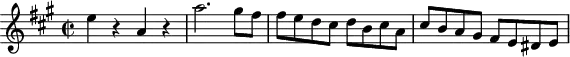 
\version "2.18.2"
\header {
  tagline = ##f
}

\score {
  \new Staff \with {

  }
<<
  \relative c'' {
    \key a \major
    \time 2/2  
    \tempo 2 = 120
    \override TupletBracket #'bracket-visibility = ##f 

     %%Mozart — Concerto 23, mvt 3, th. 1
     e4 r4 a, r4 a'2. gis8 fis fis e d cis d b cis a cis b a gis fis e dis e

  }
>>
  \layout {
     \context { \Score \remove "Metronome_mark_engraver" }
  }
  \midi {}
}
