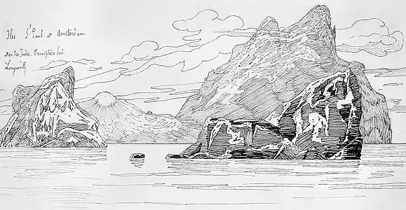Iles Saint-Paul et Amsterdam, mer des Indes, hémisphère sud, dessin à la plume, 1849