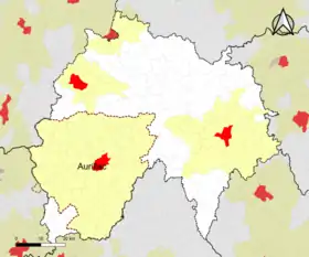 Localisation de l'aire d'attraction d'Aurillac dans le département du Cantal.