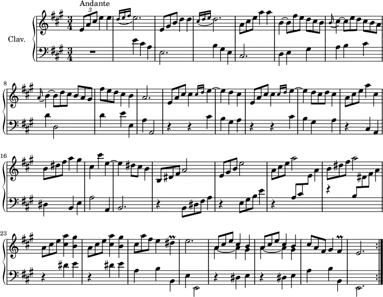 
\version "2.18.2"
\header {
  tagline = ##f
}

%% les petites notes
trillDis     = { \tag #'print { dis4\prall } \tag #'midi { e32 dis e dis~ dis8 } }
trillFis     = { \tag #'print { fis4\prall } \tag #'midi { gis32 fis gis fis~ fis8 } }

upper = \relative c'' {
  \clef treble 
  \key a \major
  \time 3/4
  \tempo 4 = 130
  \set Staff.midiInstrument = #"harpsichord"
  \override TupletBracket.bracket-visibility = ##f

      s8*0^\markup{Andante}
      \times 2/3 { e,8 a cis } e4 e | \grace {   \tempo 4 = 58 d16( e fis }   \tempo 4 = 130 e2.) |   \omit TupletNumber \times 2/3 { e,8 gis b } d4 d | \grace {   \tempo 4 = 58 cis16( d e }   \tempo 4 = 130 d2.) | \times 2/3 { a8 cis e } a4 a |
      % ms. 6
      b,4~ \times 2/3 { b8[ fis' e] } \times 2/3 { d cis b }   |    \appoggiatura b16 cis4~ \times 2/3 { cis8 e d } \times 2/3 { cis b a }   |    \appoggiatura a16 b4~ \times 2/3 { b8 d cis } \times 2/3 { b[ a gis] }   |    \times 2/3 { fis' e d } cis4 b | a2.
      % ms. 11
      \times 2/3 { e8 a cis } cis4 \grace {   \tempo 4 = 58 cis16 d }   \tempo 4 = 130 e4~ | e4 d cis | \times 2/3 { e,8 a cis } cis4 \grace {   \tempo 4 = 58 cis16 d }   \tempo 4 = 130 e4~ | e4 \times 2/3 { d8 cis d } cis4 | \times 2/3 { a8 cis e } a4 cis, |
      % ms. 16
      \times 2/3 { b8 dis fis } a4 gis | cis, cis' e,~ | e dis8 cis b4 | \times 2/3 { b,8 dis fis } a2 | \times 2/3 { e8 gis b } e2 | 
      % ms. 21
      \times 2/3 { a,8 cis e } a2 | \times 2/3 { b,8 dis fis } a2 | \repeat unfold 2 { \times 2/3 { a,8 cis e } < cis a' >4 < b gis' > } | 
      % ms. 25
      \times 2/3 { cis8 a' fis } e4 \trillDis | e2. | \repeat unfold 2 { << { \omit TupletNumber  \times 2/3 { a,8 cis e } cis4 b } \\ { a4~ a gis } >> } | \times 2/3 { cis8 a fis } gis4 \trillFis | e2. |
 
}

lower = \relative c' {
  \clef bass
  \key a \major
  \time 3/4
  \set Staff.midiInstrument = #"harpsichord"
  \override TupletBracket.bracket-visibility = ##f
  \omit TupletNumber 

    % ************************************** \appoggiatura \repeat unfold 2 {  } \times 2/3 { }
      R2. | e4 cis a | e2. | b'4 gis e | cis2. |
      % ms. 6
      d4 e gis | a b cis | d d,2  | d'4 e e, | a   \tempo 4 = 80 a,2 |   \tempo 4 = 130
      % ms. 11
      \repeat unfold 2 { r4 r4 cis'4  | b gis a } | r4 cis,4 a |
      % ms. 16
      dis4 b e | a2 a,4 | b2. | r4  \times 2/3 { b8 dis fis } a4 |  r4 \times 2/3 { e8 gis b } e4 |
      % ms. 21
      r4 \times 2/3 { \stemUp a,8 cis \stemDown \change Staff = "upper" e } a4  |  r4 \change Staff = "lower" \times 2/3 { \stemUp b,8 \stemDown \change Staff = "upper" dis fis } a4  |  \change Staff = "lower" \repeat unfold 2 { r4 dis,4 e } | a,4 b b, | e e,2 | \repeat unfold 2 { r4 dis'4 e } | a4 b b, | e,2. \bar ":|." 
      

}

thePianoStaff = \new PianoStaff <<
    \set PianoStaff.instrumentName = #"Clav."
    \new Staff = "upper" \upper
    \new Staff = "lower" \lower
  >>

\score {
  \keepWithTag #'print \thePianoStaff
  \layout {
      #(layout-set-staff-size 17)
    \context {
      \Score
     \override SpacingSpanner.common-shortest-duration = #(ly:make-moment 1/2)
      \remove "Metronome_mark_engraver"
    }
  }
}

\score {
  \keepWithTag #'midi \thePianoStaff
  \midi { }
}
