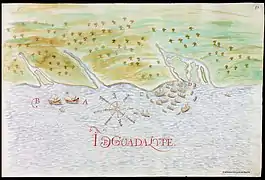 Carte espagnol du XVIIe siècle montrant un fragment côtier de l'île caribéenne de Guadeloupe, Cardona, 1632.