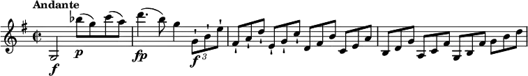 
\relative c'' {
  \version "2.18.2"
  \key g \major
  \time 2/2
  \tempo "Andante"
  \tempo 4 = 70
  g,2 \f bes''8\p (g) c (a)
  d4. \fp (b8) g4 \tuplet 3/2 { g,8-!\f b-! e-! } \scaleDurations 2/3 { fis,8-! [a-! d-!] } 
  \scaleDurations 2/3 {e,-! [g-! c-!]} \scaleDurations 2/3 {d, [fis b]} \scaleDurations 2/3 {c, [e a]}
  \scaleDurations 2/3 {b, [d g]} \scaleDurations 2/3 {a, [c fis]} \scaleDurations 2/3 {g, [b fis']} \scaleDurations 2/3 {g [b d]} 
}
