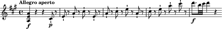 \relative c' {
\version "2.18.2"
\key a \major
\time 4/4
\tempo "Allegro aperto"
\tempo 4 = 130
<a e' a>\f r4 r4 cis8-!\p r8 e8-! r8
a8-! r8 cis8-! r8 e,8-! r8 a8-! r8
cis8-! r8 e8-! r8 a,8-! r8
cis8-! r8 e8-! r8 a8-! r8 cis8-! r8
d8.\f b32 cis d4 r4 }