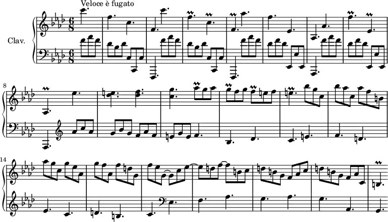 
\version "2.18.2"
\header {
  tagline = ##f
}

%% les petites notes
trillB         = { \tag #'print { b4.\prall } \tag #'midi { c32 b c b~ b4 } }
trillC         = { \tag #'print { c4.\prall } \tag #'midi { des32 c des c~ c4 } }
trillCup       = { \tag #'print { c'4.\prall } \tag #'midi { des32 c des c~ c4 } }
trillCdown     = { \tag #'print { c,4.\prall } \tag #'midi { des32 c des c~ c4 } }
trillFdown     = { \tag #'print { f,4.\prall } \tag #'midi { g32 f g f~ f4 } }
trillFup       = { \tag #'print { f'4.\prall } \tag #'midi { g32 f g f~ f4 } }
trillE         = { \tag #'print { e4.\prall } \tag #'midi { f32 e f e~ e4 } }
trillEdown     = { \tag #'print { ees,4.\prall } \tag #'midi { f32 ees f ees~ ees4 } }
trillFdown     = { \tag #'print { f,4.\prall } \tag #'midi { g32 f g f~ f4 } }
trillAesdown   = { \tag #'print { aes,4.\prall } \tag #'midi { bes32 aes bes aes~ aes4 } }
trillAesqUp    = { \tag #'print { aes'8\prall } \tag #'midi { bes32 aes bes aes } }
trillGq        = { \tag #'print { g8\prall } \tag #'midi { aes32 g aes g } }
trillFq        = { \tag #'print { f8\prall } \tag #'midi { g32 f g f } }

upper = \relative c'' {
  \clef treble 
  \key f \minor
  \time 6/8
  \tempo 4. = 98
  \set Staff.midiInstrument = #"harpsichord"

    \partial 4.
    s8*0^\markup{Veloce è fugato}
    c'4. f, c f, c''4. | \trillFdown \trillC \trillFdown | aes'4. |
    % ms. 5
    f4. ees, | aes, aes'4. | \trillFup \trillEdown | \trillAesdown ees''4. | < des e >4. < des f > | 
    % ms. 10
    < c g' >4. \trillAesqUp g8 aes | \trillGq f8 g | \trillFq e8 f | \trillE bes'8 g c, | bes' aes c,  aes' f b, | aes' g c,  g' ees aes, |
    % ms. 15
    g'8 f aes,  f' d g, | f' ees g,~  g c ees~ | ees d f~  f b, c | d8 b g  f aes c | d b g f aes c, | \trillB

}

lower = \relative c' {
  \clef bass
  \key f \minor
  \time 6/8
  \set Staff.midiInstrument = #"harpsichord"

    % **************************************
     \repeat unfold 2 { f8 aes f | des bes des c, c, c' f,,4. } \repeat unfold 2 { f'''8 aes f |
     % ms. 5
     des8 f des ees,, ees' ees, | aes,4. }    \clef treble  aes'''8 c aes  | g bes g f aes f |
     % ms. 10
     e8 g e f4. | bes, des | c e | f d | ees c |
     % ms. 15
     d4. b | c   \clef bass  ees,4. f aes g aes | g aes, | 
     % ms. 20
     g4.

}

thePianoStaff = \new PianoStaff <<
    \set PianoStaff.instrumentName = #"Clav."
    \new Staff = "upper" \upper
    \new Staff = "lower" \lower
  >>

\score {
  \keepWithTag #'print \thePianoStaff
  \layout {
      #(layout-set-staff-size 17)
    \context {
      \Score
     \override SpacingSpanner.common-shortest-duration = #(ly:make-moment 1/2)
      \remove "Metronome_mark_engraver"
    }
  }
}

\score {
  \keepWithTag #'midi \thePianoStaff
  \midi { }
}
