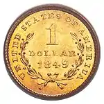 Pièce de monnaie en or avec les inscriptions 1 dollar, 1849 et UNITED STATES OF AMERICA ainsi qu'une couronne de lauriers ouverte.