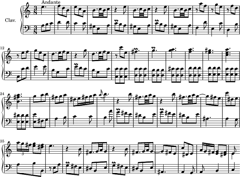 
\version "2.18.2"
\header {
  tagline = ##f
}

%% les petites notes
trillCq = { \tag #'print { c8\prall } \tag #'midi { d32 c d c } }
trillFisp = { \tag #'print { fis4.\prall } \tag #'midi { g32 fis g fis~ fis8~ fis8 } }
trillGp = { \tag #'print { g4.\prall } \tag #'midi { a32 g a g~ g8~ g8 } }
trillEq = { \tag #'print { e8\prall } \tag #'midi { d32 c d c } }
trillGq = { \tag #'print { g8\prall } \tag #'midi { a32 g a g } }

upper = \relative c'' {
  \clef treble 
  \key a \minor
  \time 3/8
  \tempo 4. = 60
  \set Staff.midiInstrument = #"harpsichord"
  \override TupletBracket.bracket-visibility = ##f

    s8*0^\markup{Andante}
    e4. | f8 d b | e c a | b8. c32 b c8 | \repeat unfold 2 { r4 e8 | b8. c32 b c8 } |
    % ms. 9
    r8 a'8 f | r8 g e | r8 f d | r8 e f | g e c | d8. e32 f e8 | r4 g8 | d8. e32 f e8 | r8 c'8 e, |
    % ms. 18
    \trillFisp | \trillGp | < g a >4. < f a > < e gis > < c e a > < b fis' a > | g'8 a b | fis g a |
    % ms. 27
    dis,8 e16 fis g a | \appoggiatura a16 b4. | \repeat unfold 2 { r4 b8 | fis8. g32 a g8~ } | g8 fis e  | c' dis, e | \times 2/3 { a16[ g fis] } < e g >8 < dis fis > | 
    % ms. 36
    e4. | \repeat unfold 2 { r4 b8 | fis8. g32 a g8~ } | \omit TupletNumber | g8 fis e  | c' dis, e | \times 2/3 { a16[ g fis] } < e g >8 < dis fis > | << { e8 } \\ { e4 } >> |
 
}

lower = \relative c' {
  \clef bass
  \key a \minor
  \time 3/8
  \set Staff.midiInstrument = #"harpsichord"

    % **************************************
     a8 b c | d4 d8 | c4 c8 | gis8 e a | \repeat unfold 2 { \trillCq b a | gis e a } |
    % ms. 9
    f4 d'8 | e,4 c'8 | d,4 b'8 | c,8 c' d | e4 e8 | b8 g c | \trillEq d c | b g c | < c, c' >8 q q  |
    % ms. 18
    < d c' >8 q q | < d b' > q q | < d cis' > q q | < d d' > q q | < e d' > q q | < e c' > q q | < e dis' > q q | < e e' > fis g | a4 b8 |
    % ms. 27
    c4 c8 | b4 a'8 | \repeat unfold 2 { \trillGq fis e | dis b e } | ais,4. | a4 g8 | a8 b b, |
    % ms. 36
    r8 e8 a | \repeat unfold 2 { \trillGq fis e | dis b e } | ais,4. | a4 g8 | a8 b4 | c4

}

thePianoStaff = \new PianoStaff <<
    \set PianoStaff.instrumentName = #"Clav."
    \new Staff = "upper" \upper
    \new Staff = "lower" \lower
  >>

\score {
  \keepWithTag #'print \thePianoStaff
  \layout {
      #(layout-set-staff-size 17)
    \context {
      \Score
     \override SpacingSpanner.common-shortest-duration = #(ly:make-moment 1/2)
      \remove "Metronome_mark_engraver"
    }
  }
}

\score {
  \keepWithTag #'midi \thePianoStaff
  \midi { }
}
