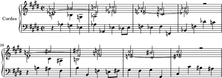 
\version "2.14.2"
\header {
  tagline = ##f
}
upper = \relative c'' {
  \clef treble
    \key e \major
    \time 2/2
    \tempo "Presto"
    \override TupletBracket #'bracket-visibility = ##f
    \set Score.currentBarNumber = #35
    %\autoBea mOff
    \set Staff.midiInstrument = #"string ensemble 1"

     %%%%%%%%%%%%%%%%%%%%%%%%%% AB 7-4 th2
   << { aes2 bes c! ces bes a! bes r2  } \\ { c,!2 bes4 g! aes2 ges' f!1~ f2 } \\ { ees1~ ees2 ees des c! des r2 } >>

   << { b'! cis! dis! d! cis bis cis r2 } \\ { dis,2 cis4 ais b!2 a'!2 gis1~ gis } \\ { fis1~ fis2 fis e! dis eis } >>

}

lower = \relative c' {
  \clef bass
    \key e \major
    \time 2/2
    \set Staff.midiInstrument = #"pizzicato strings"

    r4 aes4 g! ees aes aes, ees' des8 ees f!4 ees f f,
    % ms 38
    bes f'! des' c! r4 b!4 ais fis b b, f' e!8 fis gis4 fis gis gis, cis cis' bis ais
 
}

\score {
  \new PianoStaff <<
    \set PianoStaff.instrumentName = #"Cordes"
    \new Staff = "upper" \upper
    \new Staff = "lower" \lower
  >>
  \layout {
    \context {
      \Score
      \remove "Metronome_mark_engraver"
    }
  }
  \midi { }
}
