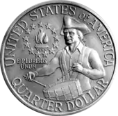 Pièce de monnaie comportant un homme avec un chapeau, jouant du tambour, un flanbeau et treize étoiles. Il y a en plus les inscriptions United States of America, Quarter Dollar et E Pluribus Unum.