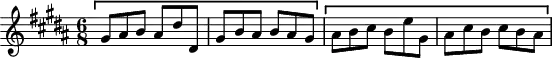 \version "2.18.2"
\header {
tagline = ##f
}
\score {
\new Staff \with {
}
<<
\relative c'' {
\key gis \minor
\time 6/8
%% SUJET fugue CBT II-18, BWV 887, sol-dièse mineur
gis8^\markup { \stencil #(ly:bracket X '(-1 . 31) 0.2 -1) } ais b ais dis dis, | gis b ais b ais gis | ais^\markup { \stencil #(ly:bracket X '(-1 . 31) 0.2 -1) } b cis b e gis, ais cis b cis b ais
}
>>
\layout {
\context { \Score \remove "Metronome_mark_engraver"
}
}
\midi {}
}