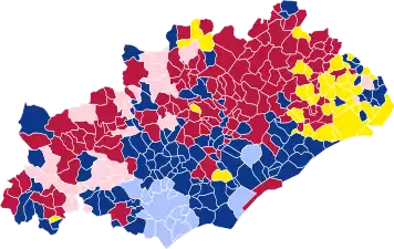Nuance politique des candidats arrivés en tête dans chaque commune au 1er tour.