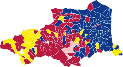 Nuance politique des candidats arrivés en tête dans chaque commune au 1er tour.