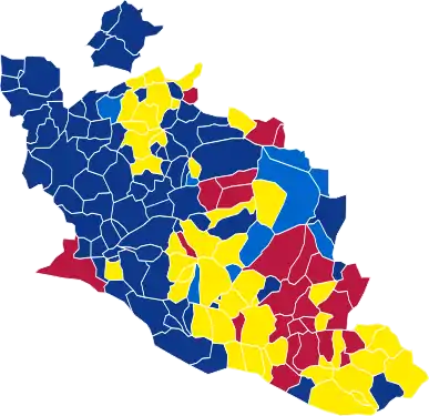 Nuance politique des candidats arrivés en tête dans chaque commune au 1er tour.