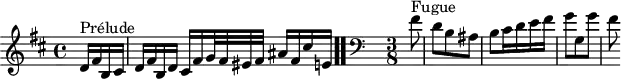 
\version "2.18.2"
\header {
  tagline = ##f
}

\score {
  \new Staff \with {

  }
<<
  \relative c' {
    \key b \minor
    \time 4/4

     %% INCIPIT CBT II-24, BWV 893, si mineur
     \partial 4
     s4*0^\markup{Prélude} d16 fis b, cis d fis b, d cis fis g32 fis eis fis ais16 fis cis' e, \bar ".."
      \skip 8*1
      \override Staff.Clef.extra-offset = #'( -1 . 0 )
      \clef bass
     \time 3/8 \partial 8
     s4*0^\markup{Fugue} fis8 d b ais b cis16 d e fis g8 g, g' fis

  }
>>
  \layout {
     \context { \Score \remove "Metronome_mark_engraver"
     \override SpacingSpanner.common-shortest-duration = #(ly:make-moment 1/2) 
       }
  }
  \midi {}
}
