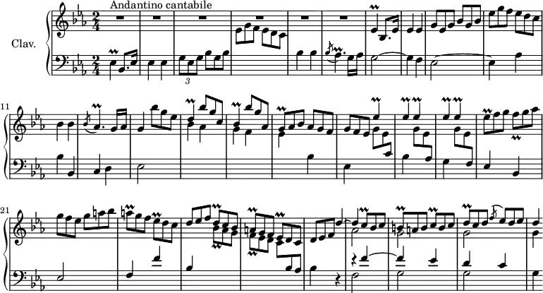 
\version "2.18.2"
\header {
  tagline = ##f
  % composer = "Domenico Scarlatti"
  % opus = "K. 507"
  % meter = "Andantino cantabile"
}

%% les petites notes
trillEesDown     = { \tag #'print { ees,4\prall } \tag #'midi { f32 ees f ees~ ees8 } }
trillEesUp       = { \tag #'print { ees'4\prall } \tag #'midi { f32 ees f ees~ ees8 } }
trillAesp        = { \tag #'print { \acciaccatura bes8 aes4.\prall } \tag #'midi { bes32 aes bes aes bes aes~ aes16~ aes8 } }
trillD           = { \tag #'print { d4\prall } \tag #'midi { ees32 d ees d~ d8 } }
trillBesqUp      = { \tag #'print { bes'8_\prall } \tag #'midi { \times 2/3 { bes32 c bes~ } bes16 } }
trillBesq        = { \tag #'print { bes8\prall } \tag #'midi { \times 2/3 { bes32 c bes~ } bes16 } }
trillBes         = { \tag #'print { bes4\prall } \tag #'midi { c32 bes c bes~ bes8 } }
trillGq          = { \tag #'print { g8\prall } \tag #'midi { \times 2/3 { g32 aes g~ } g16 } }

trillEesq        = { \tag #'print { ees8\prall } \tag #'midi { \times 2/3 { ees32 f ees~ } ees16 } }
trillFq          = { \tag #'print { f8_\prall } \tag #'midi { \times 2/3 { f32 g f~ } f16 } }
trillAq          = { \tag #'print { a8\prall } \tag #'midi { \times 2/3 { a32 bes a~ } a16 } }
trillDq          = { \tag #'print { d8\prall } \tag #'midi { \times 2/3 { d32 ees d~ } d16 } }
trillCq          = { \tag #'print { c8\prall } \tag #'midi { \times 2/3 { c32 d c~ } c16 } }
trillBq          = { \tag #'print { b8\prall } \tag #'midi { \times 2/3 { b32 c b~ } b16 } }

upper = \relative c'' {
  \clef treble 
  \key ees \major
  \time 2/4
  \tempo 4 = 90
  \set Staff.midiInstrument = #"harpsichord"
  \override TupletBracket.bracket-visibility = ##f

      s8*0^\markup{Andantino cantabile}
      R2*6
      % ms. 7
      \trillEesDown bes8. ees16 | ees4 ees | \omit TupletNumber  \times 2/3 { g8 ees g } \times 2/3 { bes8[ g bes] } | \times 2/3 { ees8 g f } \times 2/3 { ees8[ d c] } | bes4 bes | \trillAesp g16 aes g4 \times 2/3 { bes'8 g ees } | \stemUp  \trillD \times 2/3 { bes'8 g c, }
      % ms. 15
      \trillBes \times 2/3 { bes'8 g aes, } | \times 2/3 { \trillGq aes8 bes } \times 2/3 { aes8[ g f] } | \times 2/3 { g8 f ees } | \repeat unfold 5 { \trillEesUp } \stemNeutral | \times 2/3 { \trillEesq f8 g } \times 2/3 { \trillFq g8 aes] } |  \times 2/3 { g8[ f ees] } \times 2/3 { g8 a bes }
      % ms. 22
      \times 2/3 { \trillAq g8 f } \times 2/3 { \trillEesq d8 c] }  |
      \stemUp  \times 2/3 { d8[ ees f] } \times 2/3 { \trillDq c8 bes } |
      \times 2/3 { \trillAq g8 f } \times 2/3 { \trillEesq d8 c] }  |
      \times 2/3 { d8[ ees f] } 
      << { \omit TupletNumber d'4~ | d \times 2/3 { \trillCq bes8 c] } | \times 2/3 { \trillBq a8 b } \times 2/3 { \trillCq b8 c } | \times 2/3 { \trillDq c8 d } \acciaccatura f8 \times 2/3 { ees8[ d ees] } | d4 } 
      \\ { s4 | aes2 | g | g | g4 } >>
      % ms. 28
      << {  } \\ {  } >>
      % ms. 34
      
      % ms. 40
      
      % ms. 46
      
      % ms. 52
      
      % ms. 56
      

}

lower = \relative c' {
  \clef bass
  \key ees \major
  \time 2/4
  \set Staff.midiInstrument = #"harpsichord"
  \override TupletBracket.bracket-visibility = ##f

    % ************************************** \appoggiatura a16  \repeat unfold 2 {  } \omit TupletNumber  \times 2/3 { } 
      \trillEesDown bes8. ees16 | ees4 ees | \times 2/3 { g8 ees g } \omit TupletNumber \times 2/3 { bes8[ g bes] } \stemDown \change Staff = "upper" | \times 2/3 { ees8 g f } \times 2/3 { ees8[ d c] } \stemNeutral \change Staff = "lower" | bes4 bes | \trillAesp g16 aes
      % ms. 7
      g2~ | g4 f | ees2~ | ees4 aes | bes bes, | c d | ees2 \stemDown \change Staff = "upper" | bes''4 aes | 
      % ms. 15
      g4 f | ees \stemNeutral \change Staff = "lower" bes | ees, \stemDown \change Staff = "upper" \times 2/3 { g'8 ees  \stemUp \change Staff = "lower" c } |
      \stemNeutral \change Staff = "lower" bes4 \stemDown \change Staff = "upper" \times 2/3 { g'8 ees  \stemUp \change Staff = "lower" aes, } \stemNeutral \change Staff = "lower" |
      g4 \stemDown \change Staff = "upper" \times 2/3 { g'8 ees  \stemUp \change Staff = "lower" f, } |
      ees4 bes | ees2 |
      % ms. 22
      f4 f' | bes, \stemDown \change Staff = "upper" \times 2/3 { \trillBesqUp aes8 g } |
      \times 2/3 { \trillFq ees8 d } \times 2/3 { \trillCq \stemUp \change Staff = "lower" bes8 aes } \stemNeutral | bes4 \stemNeutral \change Staff = "lower" r4 
      << { r4 f'4~ | f ees } \\ { f,2 | g } >>
      % ms. 28
      << { d'4 c } \\ { g2 } >> g4 % r4 |
      % ms. 34
      
      % ms. 40
      
      % ms. 46
      
      % ms. 52
      
      % ms. 56
      

}

thePianoStaff = \new PianoStaff <<
    \set PianoStaff.instrumentName = #"Clav."
    \new Staff = "upper" \upper
    \new Staff = "lower" \lower
  >>

\score {
  \keepWithTag #'print \thePianoStaff
  \layout {
      #(layout-set-staff-size 17)
    \context {
      \Score
     \override SpacingSpanner.common-shortest-duration = #(ly:make-moment 1/2)
      \remove "Metronome_mark_engraver"
    }
  }
}

\score {
  \keepWithTag #'midi \thePianoStaff
  \midi { }
}
