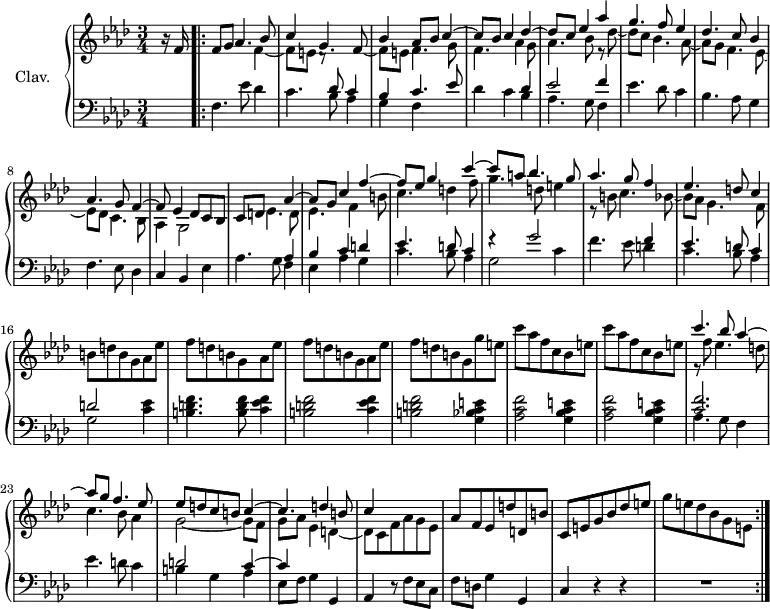 
\version "2.18.2"
\header {
  tagline = ##f
}

%% les petites notes
trillBesp = { \tag #'print { bes4.\prall } \tag #'midi { c32 bes c bes~ bes4 } }

upper = \relative c'' {
  \clef treble 
  \key f \minor
  \time 3/4
  \tempo 4 = 72
  \set Staff.midiInstrument = #"harpsichord"
  \override TupletBracket.bracket-visibility = ##f

      % s8*0^\markup{Allegro}
      \partial 8
      r16 f,16 \repeat volta 2 { f8 g 
      << { s1 s4 | bes4 aes8 bes c4~ c8 bes c4 des~ | des8 c ees4 aes | g4. f8 ees4 | des4. c8 bes4 | aes4. g8 f4~ | f8 ees4 des8 c bes } 
      \\ { \stemUp aes'4. bes8 c4 g4. f8~ | \stemDown f8 e f4. g8 | f4. aes4 g8 | aes4. bes8 r8 des8~ | des c bes4. aes8~ | aes g f4. ees8~ | ees des c4. bes8 | aes4  g2 } 
      \\ { s4 \stemDown f'4_~ | f8 e d8\rest } >> 
      % ms. 10
      c8 d 
      << { s4 aes'4~ | aes8 g c4 f~ | f8 ees g4 c4~ | c8 a bes4. g8 | aes4. g8 f4 | ees4. d8 c4 } 
      \\ { ees,4. d8 | ees4. f4 b8 | c4. d4 f8 g4. d8 e4 | r8 b8 c4. bes8~ | bes aes g4. f8 } >>
      % ms. 16
      b8 d b g aes ees' | \repeat unfold 2 { f8 d b g aes ees' } | f8 d b g g' e |
      % ms. 20
      \repeat unfold 2 { c'8 aes f c bes e } | 
      << { c'4. bes8 aes4~ | aes8 g f4. ees8 | ees d c b c4~ | c4. d4 b8 | c4 } 
      \\ { r8 f8 ees4. d8 | c4. bes8 aes4 | g2~ g8 f | g aes ees4 d~ | d8 c f aes g ees } >>
      % ms. 27
      aes8 f ees d' d, b' | c, e g bes des e | g e des bes g e
      } % Volta

}

lower = \relative c' {
  \clef bass
  \key f \minor
  \time 3/4
  \set Staff.midiInstrument = #"harpsichord"
  \override TupletBracket.bracket-visibility = ##f

    % **************************************
      s8 | f,4. ees'8 des4 | c4. << { des8 c4 | bes c4. ees8 | s2 des4 } \\ { bes8 aes4 | g f s4 | des' c bes4 } >>
      % ms. 5
      << { ees2 f4 } \\ { aes,4. g8 f4 } >>
      % ms. 6
      ees'4. des8 c4 | bes4. aes8 g4 | f4. ees8 des4 | c4 bes ees |
      % ms. 10
      aes4. g8 << { aes4 | bes c d | ees4. d8 c4 | r4 g'2 s2 | f4 | ees4. d8 c4 | d2 } 
      \\ { f,4 ees aes g | c4. bes8 aes4 | g2 c4 | f4. ees8 d4 | c4. bes8 aes4 | g2 } >> < c ees >4 |
      % ms. 17
      < b d f >4. q8 \repeat unfold 2 { < c ees f >4 | < b d f >2 } < g bes c e >4 |
      % ms. 20
      \repeat unfold 2 { < aes c f >2 < g bes c e >4 } | << { < c f >2. s2. | d2 c4~ | c } 
      \\ { aes4. g8 f4 | ees'4. d8 c4 | b4 g aes | ees8[ f] } >> g4 g, |
      % ms. 26
      aes4 r8 f'8 ees c | f d g4 g, | c4 r4 r4 | R2. 

}

thePianoStaff = \new PianoStaff <<
    \set PianoStaff.instrumentName = #"Clav."
    \new Staff = "upper" \upper
    \new Staff = "lower" \lower
  >>

\score {
  \keepWithTag #'print \thePianoStaff
  \layout {
      #(layout-set-staff-size 17)
    \context {
      \Score
     \override SpacingSpanner.common-shortest-duration = #(ly:make-moment 1/2)
      \remove "Metronome_mark_engraver"
    }
  }
}

\score {
  \keepWithTag #'midi \thePianoStaff
  \midi { }
}
