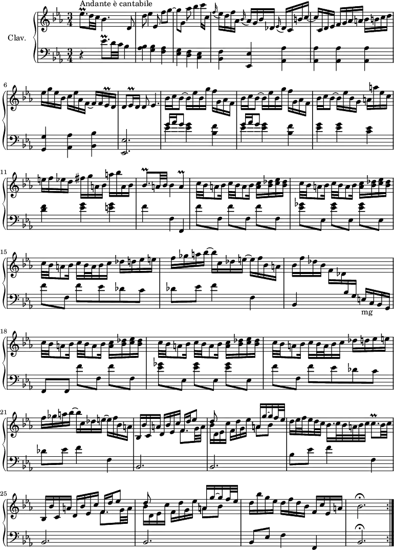 
\version "2.18.2"
\header {
  tagline = ##f
  % composer = "Domenico Scarlatti"
  % opus = "K. 474"
  % meter = "Andante e cantabile"
}

%% les petites notes
trillEesp     = { \tag #'print { ees8.\prall } \tag #'midi { f32~ f64 ees f ees f ees~ ees16~ } }
trillEesqq    = { \tag #'print { ees16\prall } \tag #'midi { \times 2/3 { ees64 f ees~ } ees32 } }
trillBesqp    = { \tag #'print { bes8.\prall } \tag #'midi { c32~ c64 bes c bes c bes~ bes16~ } }
trillA        = { \tag #'print { a4\prall } \tag #'midi { bes64 a bes a~ a16~ \tempo 4 = 20 a8 \tempo 4 = 66 } } 
trillCqp      = { \tag #'print { c8.\prall } \tag #'midi { d64 c d c d c~ c32~ c16 } }

upper = \relative c'' {
  \clef treble 
  \key ees \major
  \time 3/4
  \tempo 4 = 66
  \set Staff.midiInstrument = #"harpsichord"
  \override TupletBracket.bracket-visibility = ##f

  \repeat volta 2 {
      s8*0^\markup{Andante è cantabile}
      \trillEesp d32 c bes4. d,8 | d' ees4 ees,8 f'[ g]~ | g[ g,] aes' bes4   \tempo 4 = 25 c16 \tempo 4 = 66 c, | 
      % ms. 4
      \appoggiatura f16 ees16 d f aes, \appoggiatura bes16 aes16 g bes des, \appoggiatura ees16 des16 c b' c~ | c c, d ees  f g aes a bes b c d | ees g ees bes c ees aes, f~ f f \trillEesqq d16 | 
      % ms. 7
      d8 \trillEesqq d16 d8   \tempo 4 = 50 ees4.   \tempo 4 = 66 | \repeat unfold 2 { bes'16 c bes8~ bes16 ees bes g' f g, aes f } | 
      % ms. 10
      bes16 c bes8~ bes16 ees bes g a a' ees c | e f ees d fis g a, bes a' bes a, bes | \trillBesqp a32 bes bes4 \trillA |
      % ms. 13
      \repeat unfold 2 { \repeat unfold 2 { c32 bes a8 bes16 } < a c >16 < bes des > < c ees > < bes des > } | c32 bes a8 bes16 c bes32 a bes16 c des d ees e |
      % ms. 16
      f16 ges a bes~ bes c, des e~ e f bes, a | bes f' des bes \stemDown f des \stemUp  \change Staff = "lower"   bes g s4 \stemNeutral   \change Staff = "upper" | \repeat unfold 2 { \repeat unfold 2 { c'32 bes a8 bes16 } < a c >16 < bes des > < c ees > < bes des > } |
      % ms. 20
      c32 bes a8 bes16 c bes32 a bes16 c des d ees e | f16 ges a bes~ bes c, des e~ e f bes, \tempo 4 = 40 a | \tempo 4 = 66
      % ms. 22
      bes,16 bes' c, a' d, bes' ees, c' << { f,16 d' ees8 | d8 } \\ { \mergeDifferentlyDottedOn f,8. g32 a | bes16 d, ees c' } >> f,16 d' g, ees' << { a,16 g'~ g f32 ees } \\ { a,8 bes } >> | d16 ees32 f ees16 d32 c bes16. c32 bes a bes c \trillCqp bes32 \tempo 4 = 30 c | \tempo 4 = 66
      % ms. 25
      bes,16 bes' c, a' d, bes' ees, c' << { f,16 d' ees8 | d8 } \\ { \mergeDifferentlyDottedOn f,8. g32 a | bes16 d, ees c' } >> f,16 d' g, ees' << { a,16 g'~ g f32 ees } \\ { a,8 bes } >> | d16 bes' g ees d f d bes f c' \tempo 4 = 56 ees, a \tempo 4 = 40 | bes2.\fermata \tempo 4 = 66 }%repet

}

lower = \relative c' {
  \clef bass
  \key ees \major
  \time 3/4
  \set Staff.midiInstrument = #"harpsichord"
  \override TupletBracket.bracket-visibility = ##f

  \repeat volta 2 {
    % ************************************** \appoggiatura a16  \repeat unfold 2 {  } \times 2/3 { }   \omit TupletNumber 
      r4 \trillEesp d32 c bes4 | < aes bes > < g bes > < f aes > | < ees g > < d f > < c ees > | 
      % ms. 4
      < bes f' >4 < ees, ees' > < aes aes' > | q q q | < g g' > < aes aes' > < bes bes' > |
      % ms. 7
      < ees, ees' >2. \repeat unfold 2 { << { g''16 aes g8  } \\ { ees4 } >> < ees g >4 < bes f' >  }
      % ms. 10
      < ees g >4 q < c ees > | < d f > < ees g > < e g > | f f, f, |
      % ms. 13
      \repeat unfold 3 { f''8[ f,] } | \repeat unfold 3 { < ees' ges >8[ ees,] } | f'8[ f,] f' ees des c |
      % ms. 16
      des8 ees f4 f, | bes, s4 e16-\markup{mg} c bes g | f8 f \repeat unfold 2 { f''[ f,] } |
      % ms. 19
      \repeat unfold 3 { < ees' ges >8[ ees,] } | f'8[ f,] f' ees des c | des8 ees f4 f, |
      % ms. 22
      bes,2. bes | bes'8 ees f4 f, |
      % ms. 25
      bes,2. bes | bes8 ees f4 f, | bes2.\fermata }%repet

}

thePianoStaff = \new PianoStaff <<
    \set PianoStaff.instrumentName = #"Clav."
    \new Staff = "upper" \upper
    \new Staff = "lower" \lower
  >>

\score {
  \keepWithTag #'print \thePianoStaff
  \layout {
      #(layout-set-staff-size 17)
    \context {
      \Score
     \override SpacingSpanner.common-shortest-duration = #(ly:make-moment 1/2)
      \remove "Metronome_mark_engraver"
    }
  }
}

\score {
  \unfoldRepeats
  \keepWithTag #'midi \thePianoStaff
  \midi { }
}
