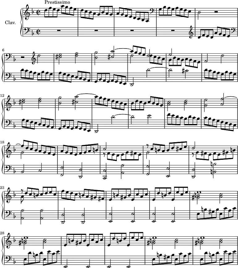 
\version "2.18.2"
\header {
  tagline = ##f
}

% petites notes
prallEes = { \tag #'print { ees8.\prall } \tag #'midi { f32 ees f ees~ ees16 } }


upper = \relative c'' {
  \clef treble 
  \key d \minor
  \time 2/2
  \tempo 2 = 145
  \set Staff.midiInstrument = #"harpsichord"

      s8*0^\markup{Prestissimo} d8 f e d a' g f e | d c bes a g bes a g | a g f e d c bes a |   \clef bass g bes a g a g f e |
      % ms. 5 
      d2 r2 | r2   \clef treble d''2 | < cis e >2 < d f > | < bes g' >  | << { < cis a' >~ a'8 g f e  d2 | e2  } \\ { s2 d2 d8 c bes a | g bes a g a g f e } >> f2 d'2 | < cis e >2 < d f > | < bes g' > < cis a' >~ | a'8 g f e d c bes a | bes d c bes c bes a g | < a c >2 < bes d > < g e' > << { < a f' >~ f'8 d c bes } \\ { s2 g2 } >> a8 g f e | a g f e f g a b << { c2 s2 | r8 c8 b a b d cis e | d2 s2 | r8 d8 c b c d e c } \\ { r8 f,8 e d e g fis e g2 s2 | r8 g fis e fis e gis b | a } >> 
      % ms. 24
      f'8 e d c  b a gis fis | \repeat unfold 2 { e b' gis b e, c' a c | e, d' b d  e, e' c e << { e1 e } \\ { \repeat unfold 2 { < gis, b >2 < a c > }  } >> }

}

lower = \relative c' {
  \clef bass
  \key d \minor
  \time 2/2
  \set Staff.midiInstrument = #"harpsichord"

    % **************************************
       R1*4   \clef treble d8 f e d a' g f e | \clef bass d c bes a g bes a g | a g f e d c bes a | g bes a g a g f e |
       % ms. 9
       d2 d''~ | d cis | d8 c bes a g bes a g | a g f e d c bes a | 
       % ms. 13
       g8 bes a g  a g f e | d2 d''~ | d e | f8 e d c bes d c bes | c bes a g f e d c | bes2 c | < f, f'>2 < d d' > < c c' > < a' a' > < g g' > < e e' > | < d d' > < b' b' > |
       % ms. 23 
       < a a' >2 q | < d, d' > q | < e e' > q q q |  e'8 b' gis b e, c' a c | e, d' b d  e, e' c e | e,,2 e e e | e'8 b' gis b e, c' a c | e, d' b d  e, e' c e

} 

thePianoStaff = \new PianoStaff <<
    \set PianoStaff.instrumentName = #"Clav."
    \new Staff = "upper" \upper
    \new Staff = "lower" \lower
  >>

\score {
  \keepWithTag #'print \thePianoStaff
  \layout {
      #(layout-set-staff-size 17)
    \context {
      \Score
     \override SpacingSpanner.common-shortest-duration = #(ly:make-moment 1/2)
      \remove "Metronome_mark_engraver"
    }
  }
}

\score {
  \keepWithTag #'midi \thePianoStaff
  \midi { }
}

