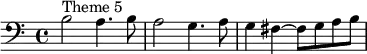 \relative c' {\clef "bass" 
  b2^"Theme 5" a4. b8 a2 g4. a8 g4 fis~ fis8 [g a b]
} 