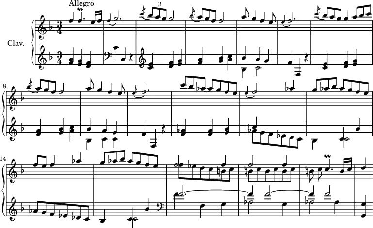 \version "2.18.2"
\header {
tagline = ##f
}
%% les petites notes
trillFp = { \tag #'print { f4.\prall } \tag #'midi { \times 2/3 { g16 f g f g f~ } f8 } }
trillCp = { \tag #'print { c4.\prall } \tag #'midi { \times 2/3 { d16 c d c d c~ } c8 } }
appoGbp = { \tag #'print { \appoggiatura f4 g2. } \tag #'midi { f2 g4 } }
appoFbp = { \tag #'print { \appoggiatura e4 f2. } \tag #'midi { e4 f2 } }
appoFb = { \tag #'print { \appoggiatura e4 f2 } \tag #'midi { e4 f4 } }
appoFbqp = { \tag #'print { \appoggiatura e8 f2. } \tag #'midi { e2 f4 } }
upper = \relative c'' {
\clef treble
\key f \major
\time 3/4
\tempo 4 = 126
\set Staff.midiInstrument = #"harpsichord"
\override TupletBracket.bracket-visibility = ##f
s8*0^\markup{Allegro}
\stemUp f4 \trillFp e16 f | \appoGbp | \acciaccatura c8 \times 2/3 { bes8 a g } g2 | \omit TupletNumber \acciaccatura bes8 \times 2/3 { a8 g f } f2 | a8 g4 f e8 |
% ms. 6
\appoFbp | \acciaccatura c'8 \times 2/3 { bes8 a g } g4 \times 2/3 { a8 bes c } | \acciaccatura bes8 \times 2/3 { a8 g f } f2 | a8 g4 f e8 | \appoFbqp |
% ms. 11
\times 2/3 { c'8 bes aes~ } aes 8 g f e | \appoFb aes4 | \times 2/3 { g8 aes bes } aes8 g f e | f e f4 aes | \times 2/3 { g8 aes bes } aes8 g f e |
% ms. 16
<< { \repeat unfold 2 { f2 f4 } } \\ { f8 ees d c \repeat unfold 5 { b c } } >> \trillCp b16 c | d4
% ms. 12
}
lower = \relative c' {
\clef bass
\key f \major
\time 3/4
\set Staff.midiInstrument = #"harpsichord"
\override TupletBracket.bracket-visibility = ##f
% ************************************** \appoggiatura \repeat unfold 2 { } \times 2/3 { }
\clef treble < f a >4 < e g> < d f > | \clef bass c4 c, r4 | \clef treble < c' e >4 < d f > < e g > | < f a > < g bes > < a c > | << { bes4 a g } \\ { bes,4 c2 } >>
% ms. 6
f4 f, r4 < c' e >4 < d f > < e g > | < f a > < g bes > < a c > | | << { bes4 a g } \\ { bes,4 c c } >> | f4 f, r4 |
% ms. 11
< f' aes >4 q < g bes > << { c4 s2 | s4 c,4 bes' | aes8 g f ees des c | bes4 c bes' } \\ { aes8 g f ees d c | bes4 c2 s2. | s4 c2 } >> \clef bass
% ms. 16
<< { f2.~ | f4 f2~ f4 | f2 } \\ { f4 f, g | aes2 g4 | aes2 aes4 } >> < g, g' >4
% ms. 12
}
thePianoStaff = \new PianoStaff <<
\set PianoStaff.instrumentName = #"Clav."
\new Staff = "upper" \upper
\new Staff = "lower" \lower
>>
\score {
\keepWithTag #'print \thePianoStaff
\layout {
#(layout-set-staff-size 17)
\context {
\Score
\override SpacingSpanner.common-shortest-duration = #(ly:make-moment 1/2)
\remove "Metronome_mark_engraver"
}
}
}
\score {
\keepWithTag #'midi \thePianoStaff
\midi { }
}