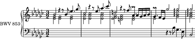 \version "2.18.2"
\header {
tagline = ##f
}
Prallaesq = { \tag #'print { aes,4\prall~ } \tag #'midi { \times 2/3 { bes16 aes bes } aes8~ } }
Prallgesqp = { \tag #'print { ges4.\prall } \tag #'midi { \times 2/3 { aes16 ges aes } ges4~ } }
ArpegeesB = { \tag #'print { < ges bes ees >2\arpeggio } \tag #'midi { \grace { ges8~ bes~ ees~ } < ges, bes ees >2 } }
ArpegdesB = { \tag #'print { < ges bes des >2\arpeggio } \tag #'midi { \grace { ges8~ bes~ des~ } < ges, bes des >2 } }
%% COPIE POUR VOIR MA BOURDERIE : ArpegdesB = { \tag #'print { < des bes ges >2\arpeggio } \tag #'midi { \grace { des4~ bes~ ges~ } < des bes ges >2 } }
upper = \relative c'
{
\clef treble
\key ees \minor
\time 3/2
\tempo 2 = 44
\set PianoStaff.connectArpeggios = ##t
\set Staff.midiInstrument = #"harpsichord"
%% PRÉLUDE CBT I-8, BWV 853, ré-dièse mineur
<< {
bes'2 r4 r8 bes8 ees4. ges8 ces,2 r4 r8 ees8 aes4. ces8 d,2 r4 r8 f8 \Prallaesq aes16 ges aes bes \Prallgesqp f16 ees ges'2 ges\arpeggio ges\arpeggio
} \\ {
\set tieWaitForNote = ##t
< ges, ees >2 q q < aes ees > < ces aes ees > q < aes f ees > < aes f d > < f d > ees2 s2 \ArpegeesB \ArpegdesB
} >>
}
lower = \relative c'
{
\clef bass
\key ees \minor
\time 3/2
\set Staff.midiInstrument = #"harpsichord"
s1.*3 s2 r4 r8 bes8 ges4. ees8 bes2
}
thePianoStaff = \new PianoStaff <<
\set PianoStaff.instrumentName = #"BWV 853"
\new Staff = "upper" \upper
\new Staff = "lower" \lower
>>
\score {
\keepWithTag #'print \thePianoStaff
\layout {
\context {
\Score
\remove "Metronome_mark_engraver"
\override SpacingSpanner.common-shortest-duration = #(ly:make-moment 1/2)
}
}
}
\score {
\keepWithTag #'midi \thePianoStaff
\midi { }
}