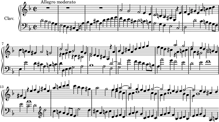 
\version "2.18.2"
\header {
  tagline = ##f
  % composer = "Domenico Scarlatti"
  % opus = "K. 417"
  % meter = "Allegro moderato"
}

%% les petites notes
Dux    = { d2 c bes a4 g | f2 e4 d cis a r4 a' | bes g cis a d e f g }
Comes  = { a2 g f e4 d | c2 b4 a gis e r4 e' | f d gis e a b c d }

upper = \relative c'' {
  \clef treble 
  \key d \minor
  \time 4/2
  \once \override Score . TimeSignature #'stencil = #ly:text-interface::print
  \override Staff.TimeSignature #'text = \markup \musicglyph #"timesig.C22" 
  \tempo 2 = 82
  \set Staff.midiInstrument = #"harpsichord"
  \override TupletBracket.bracket-visibility = ##f

      s8*0^\markup{Allegro moderato}
      s2. r1 s4 | s2. r1 s4 | s2. r1 s4 | \Comes
      % ms. 7
      c4 b a gis a2 g | << { \relative c'' \Dux } \\ { r4 f4 g a r4 d, cis2 | d } >>
      % ms. 11
      f'4 e d cis << { \relative c''' \Comes } \\ { r4 a4 b cis | d a gis2 a } >>
      % ms. 14 suite
      c'4 b a gis | a2 g << { f4 g a2~ | a2 g4f e f g2~ g f4 e d e f2~ | f e4 d cis d } \\ { f4 e d c | bes c d1 c4 bes | a bes c1 bes4 a g bes1 } >>
      % ms. x
      

}

lower = \relative c' {
  \clef bass
  \key d \minor
  \time 4/2
  \once \override Score . TimeSignature #'stencil = #ly:text-interface::print
  \override Staff.TimeSignature #'text = \markup \musicglyph #"timesig.C22" 
  \set Staff.midiInstrument = #"harpsichord"
  \override TupletBracket.bracket-visibility = ##f

    % ************************************** \appoggiatura a16  \repeat unfold 2 {  } \times 2/3 { }   \omit TupletNumber 
      \Dux
      % ms. 4
      f4 d e cis d2 c4 b | a2 g4 f e2 c | d d' c4 b a g8 f |
      % ms. 7
      e4 e'2 d4 cis a b c | d d, e f g2 a | bes1 a2 << { d2~ | d } \\ { f,2 | g } >>
      % ms. 10 suite
      g'2 f4 e d c8 b | a4 a'2 g4 f2 e | d e f1 |
      % ms. 13
      e2 << { a1 } \\ { c,2 d } >>   \clef treble d'2 | c4 b a g8 f e4 e'2 d4 | cis a b cis d, e f d |
      % ms. 16
      g4 a bes g c, d e c | f g a f bes, c d bes | e f g e a, b 

}

thePianoStaff = \new PianoStaff <<
    \set PianoStaff.instrumentName = #"Clav."
    \new Staff = "upper" \upper
    \new Staff = "lower" \lower
  >>

\score {
  \keepWithTag #'print \thePianoStaff
  \layout {
      #(layout-set-staff-size 17)
    \context {
      \Score
     \override SpacingSpanner.common-shortest-duration = #(ly:make-moment 1/2)
      \remove "Metronome_mark_engraver"
    }
  }
}

\score {
  \keepWithTag #'midi \thePianoStaff
  \midi { }
}

