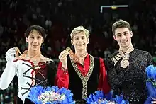 Podium des championnats du monde 2008 à Göteborg avec Jeffrey Buttle et Johnny Weir