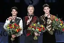 Podium des championnats d'Europe 2010 à Tallinn avec Evgeni Plushenko et Stéphane Lambiel