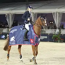 Cheval roux monté, portant une couverture