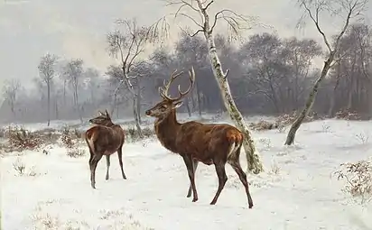 Cerf et biche dans un paysage enneigé, 1883,collection privée, vente 2013.